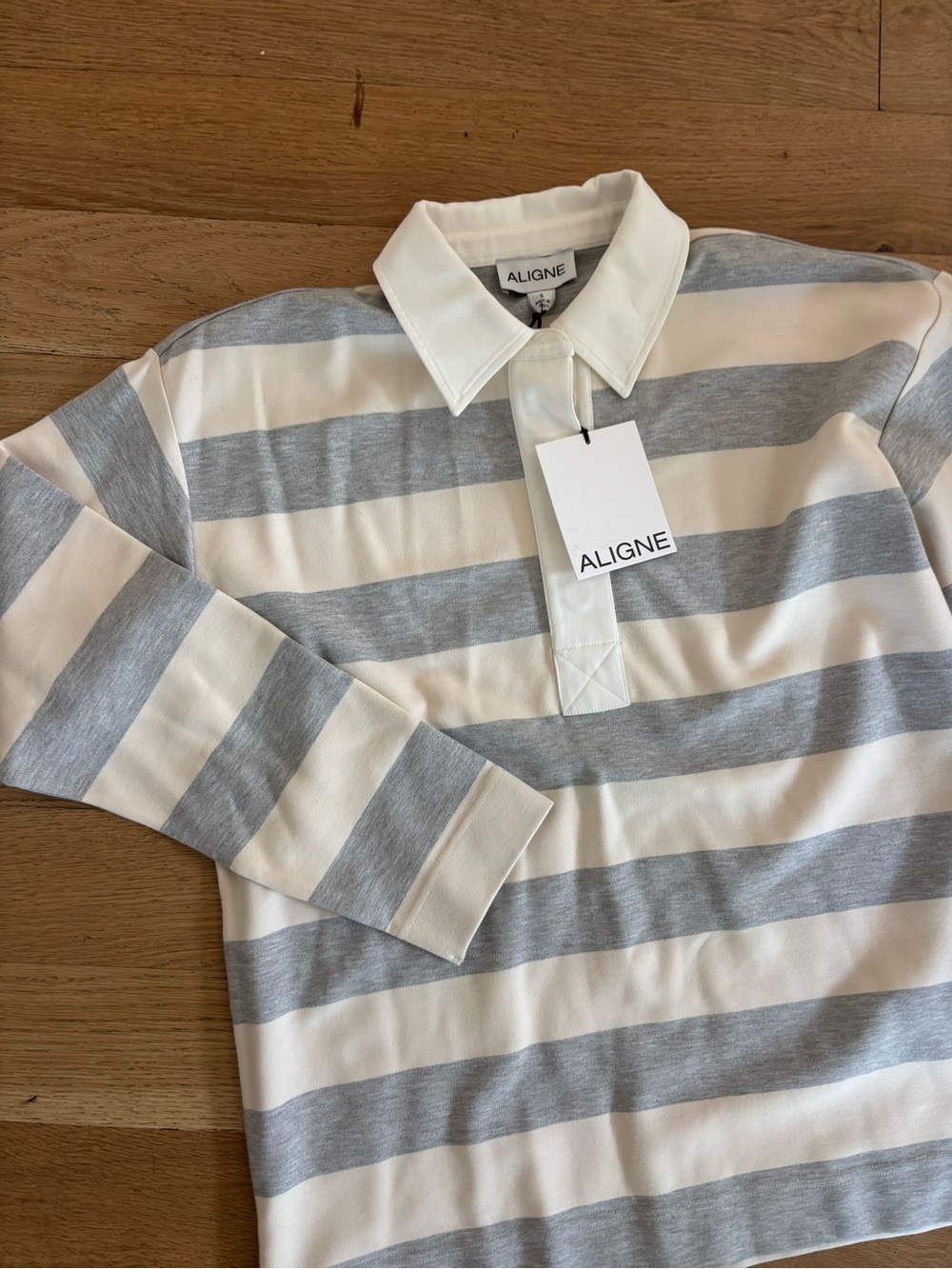 Aligne Cream & Gray Striped Rugby Polo Top - Long Sleeve, NWT, Size S - Picture 6 of 8